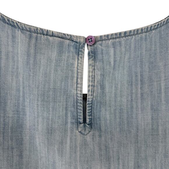 Crown And Ivy Chambray Top Ruffle Blue 3/4 Sleeve Petite Large Boho Preppy Flare - Picture 5 of 7